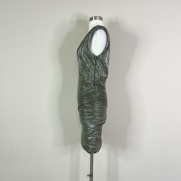 Maje | Romea Metallic Green Plisse Bandage V Neck Designer Mini Dress 38 Medium - Picture 10 of 12
